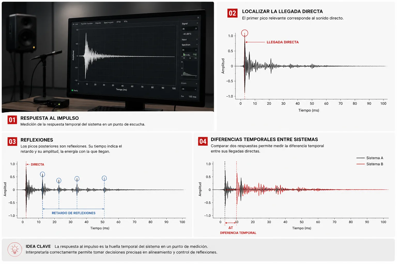 La imagen muestra una computadora con un monitor y un altavoz, junto con cuatro gráficos de sonido.