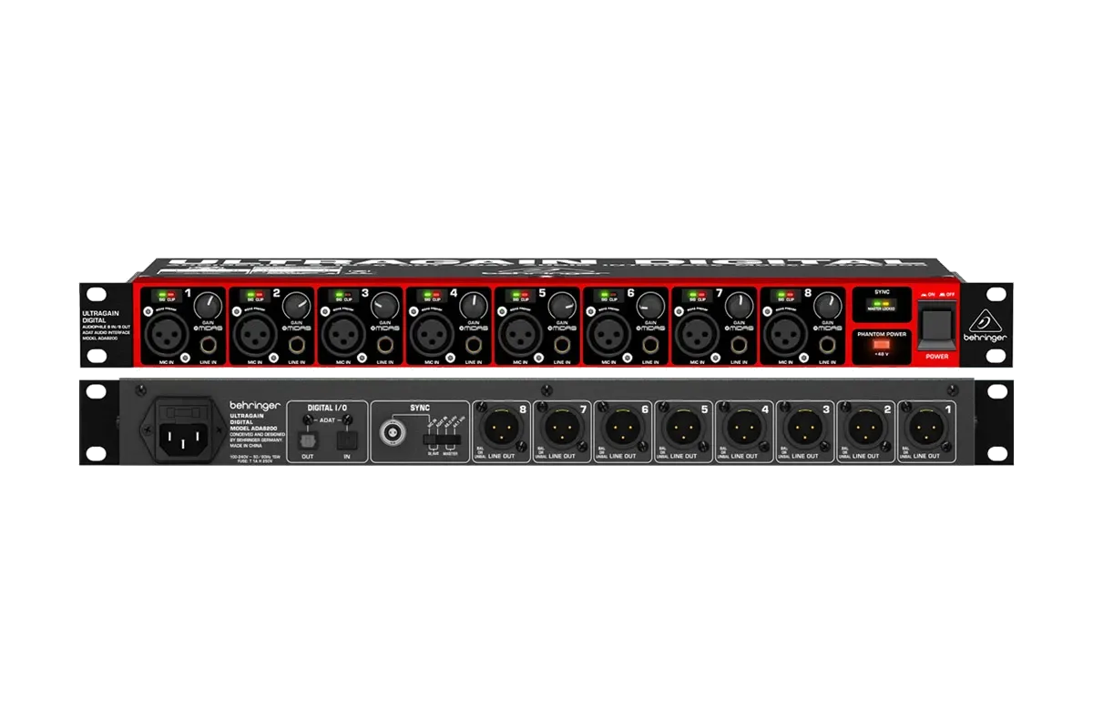 Esta imagen muestra la parte trasera de dos unidades de audio Behringer.