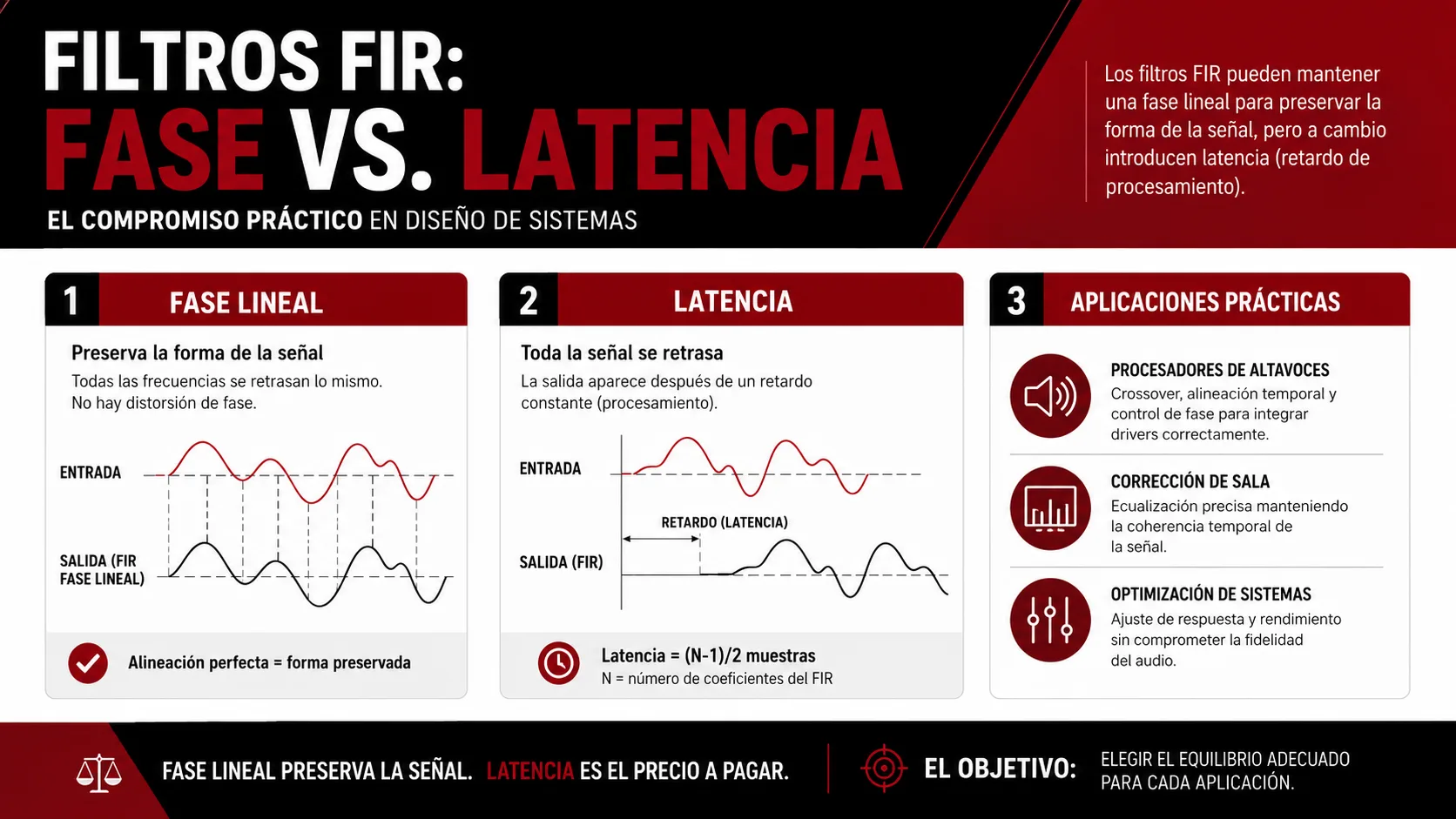 La imagen muestra un diagrama comparativo de filtros FIR y latencia.