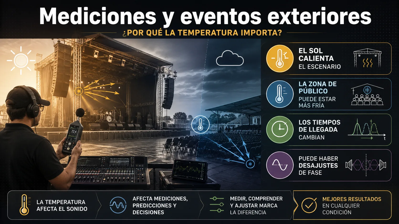 Esta imagen es una infografía en español que muestra las mediciones y eventos exteriores por qué la temperatura importa.