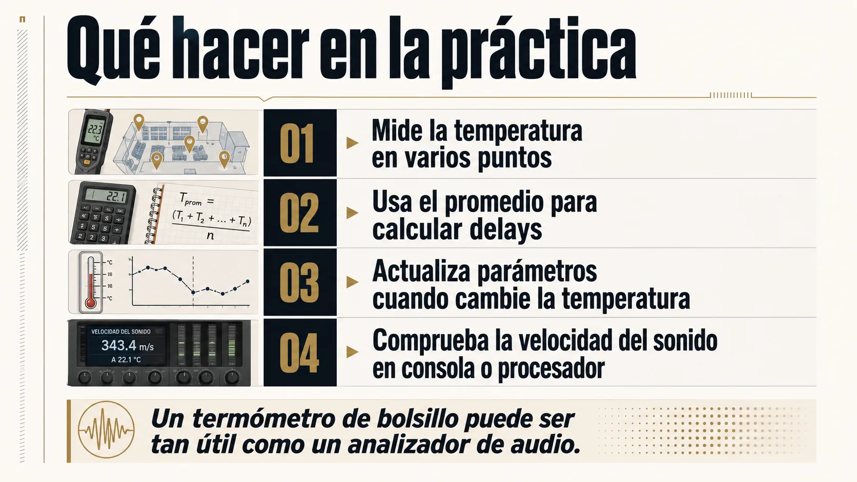 La imagen muestra una infografía con el título "Qué hacer en la práctica" y cuatro puntos con imágenes y textos en español.
