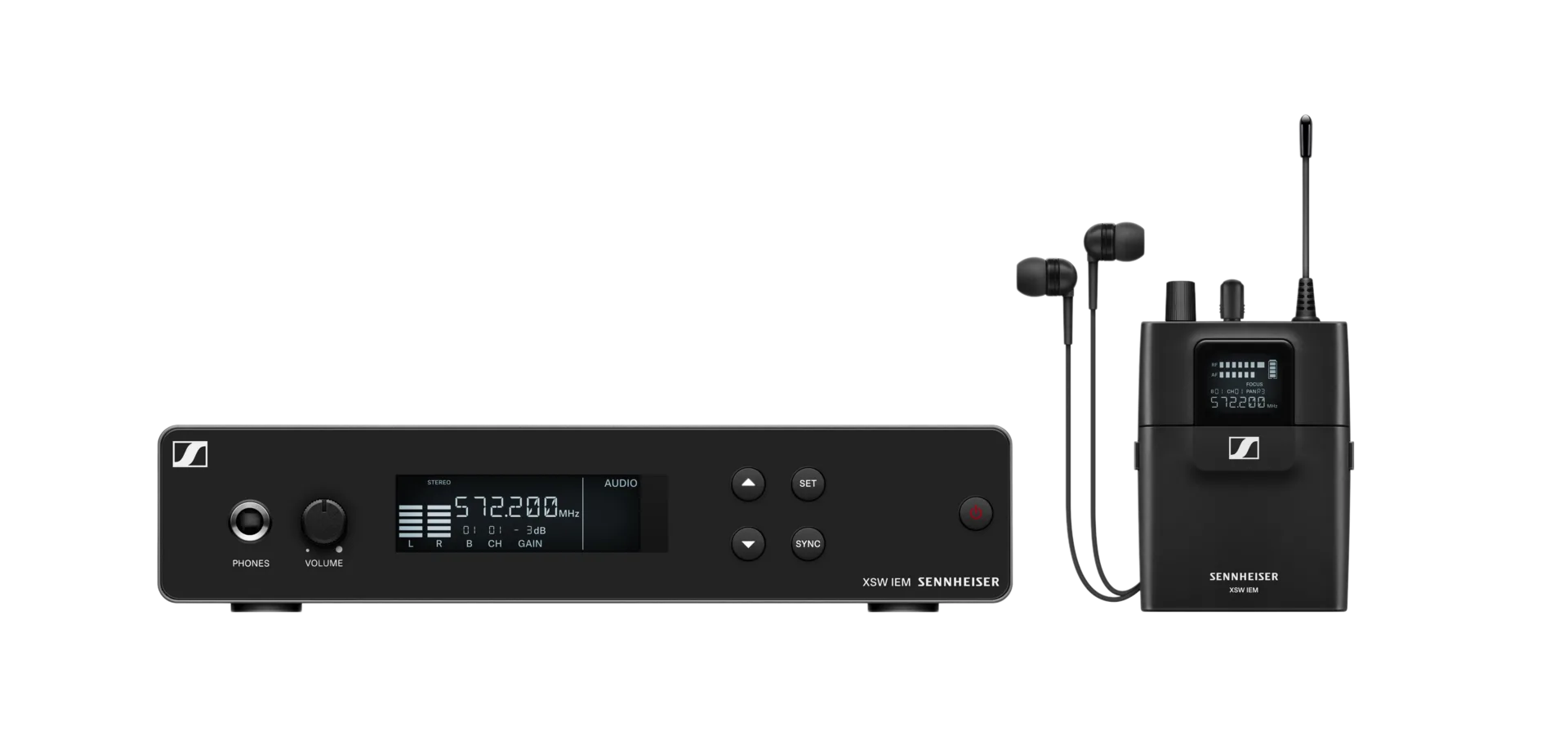 Esta imagen muestra un conjunto de equipo de audio de Sennheiser, incluyendo un controlador y un micrófono inalámbrico.