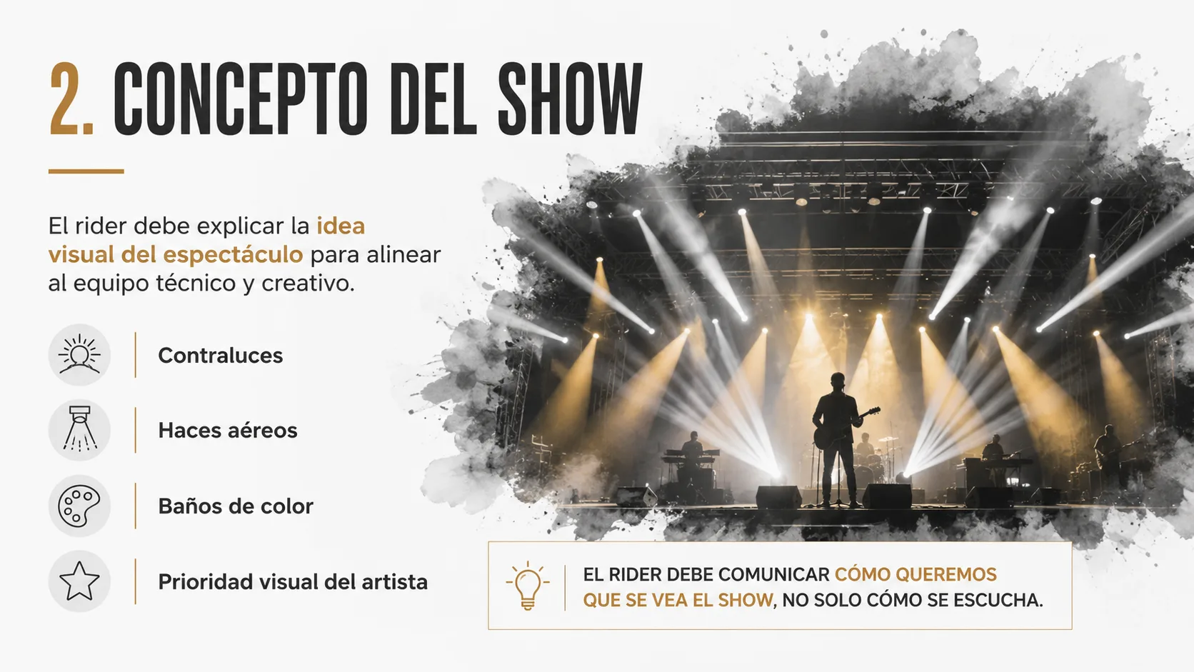 La imagen muestra un escenario de un concierto con luces y un músico tocando la guitarra.
