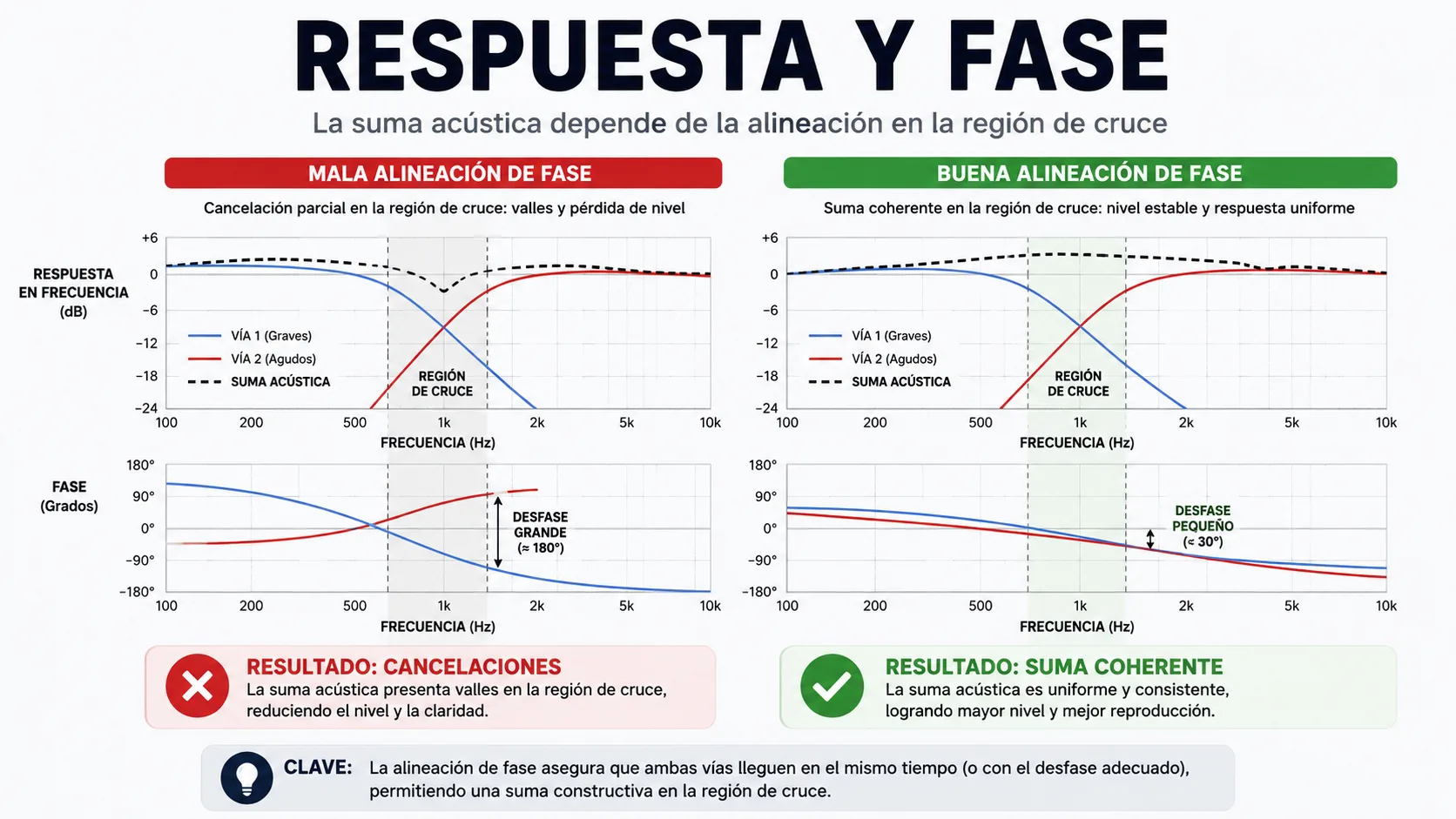 La imagen muestra dos gráficos que comparan la respuesta en frecuencia y la fase de una señal de audio, con y sin alineación de fase.
