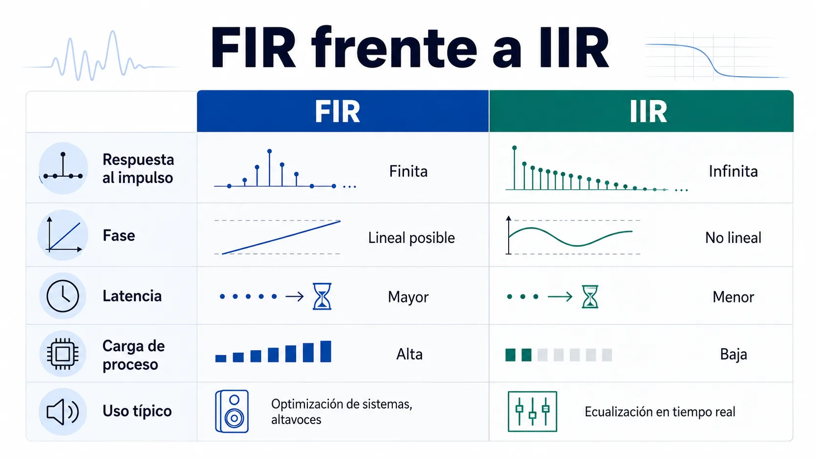Esta imagen es una tabla comparativa de las funciones de respuesta en el tiempo (FIR) y en el dominio de la frecuencia (IIR).