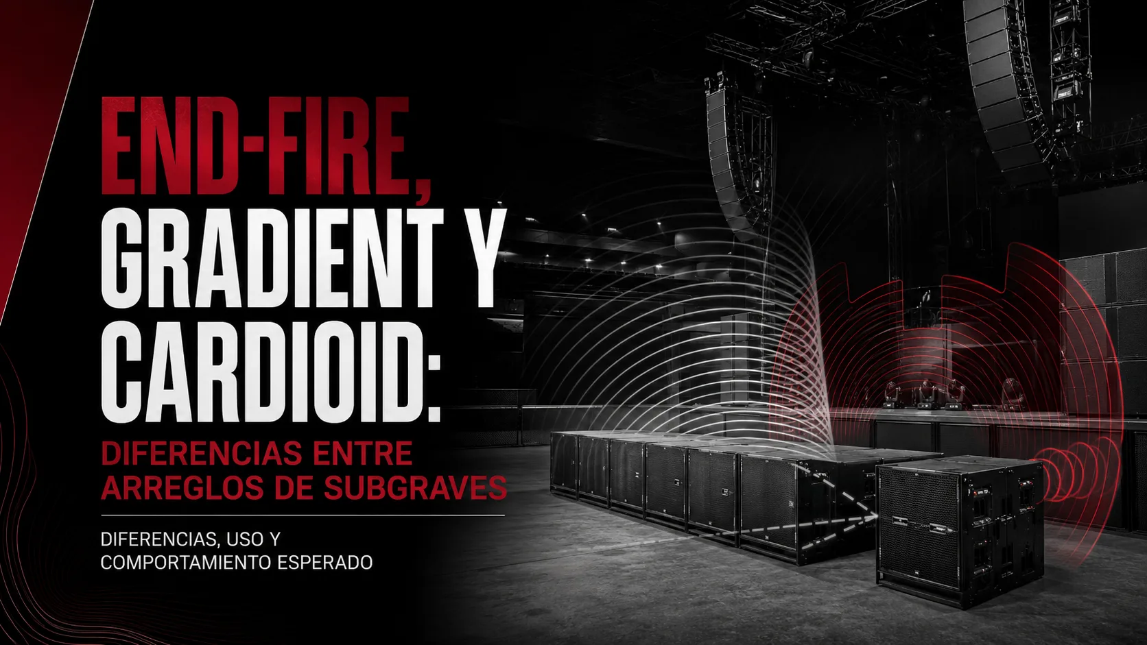 La imagen muestra una sala de sonido con una serie de altavoces y un texto en español que describe las diferencias entre gradient y cardioid.