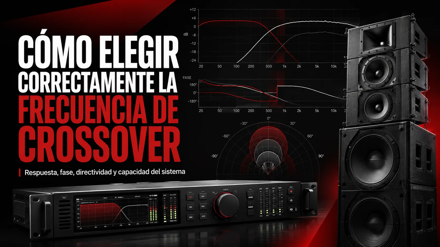 Esta imagen muestra un equipo de audio profesional con una pantalla y un conjunto de altavoces.
