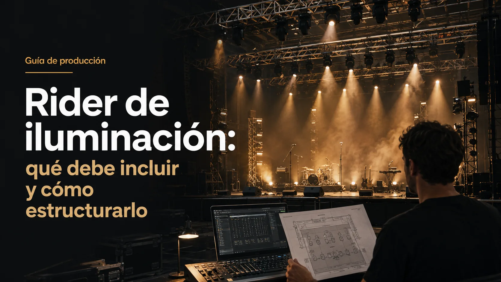Esta imagen muestra un hombre con un plan de iluminación en su mano, frente a una escena de iluminación en un escenario.