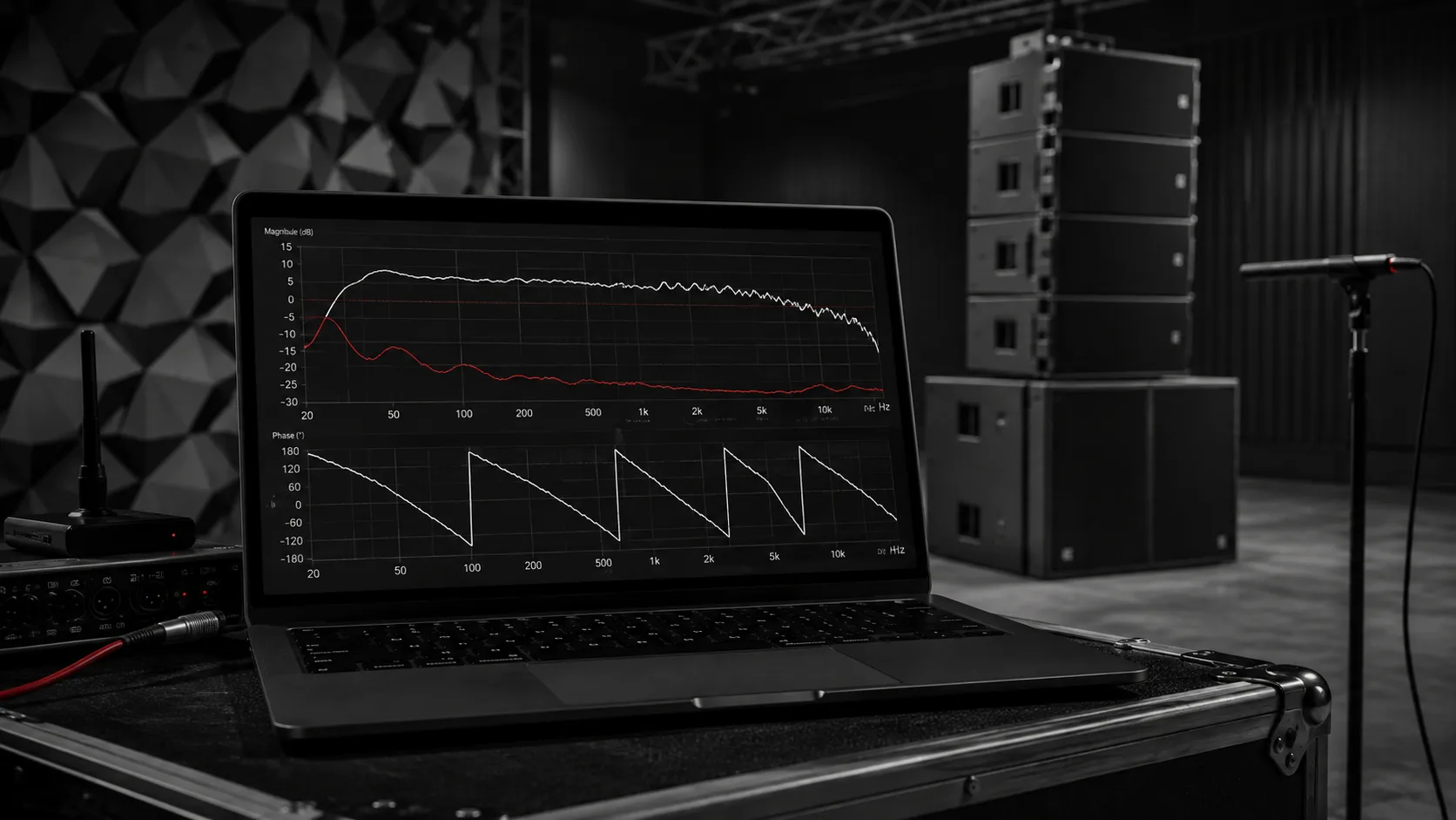 Esta imagen muestra una computadora portátil con un gráfico de audio en la pantalla, en un estudio de grabación.