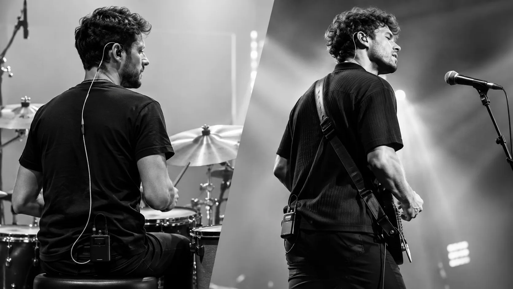 La imagen muestra a un hombre tocando la batería y otro tocando la guitarra en un concierto.
